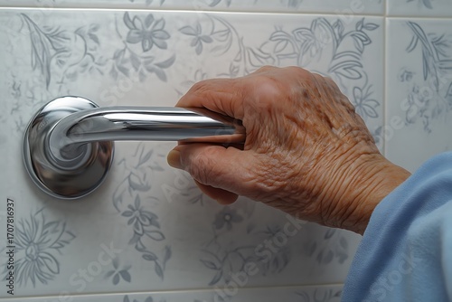 Elderly hand gripping a chrome grab bar in bathroom for safety assistance and balance