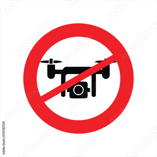 A clear illustration of a drone with a camera, crossed out by a red prohibition circle, indicating that drones are not allowed in this area.