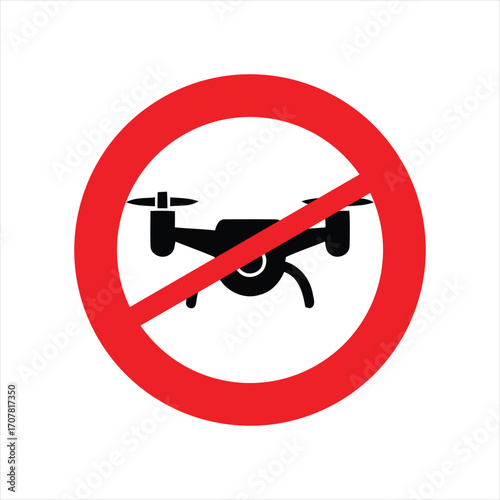 No drone zone sign with a black drone silhouette inside a red prohibition circle on a white background.