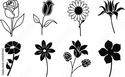 Collection of Eight Various Flower Silhouettes Rose Tulip Sunflower and More Elegant Floral Designs