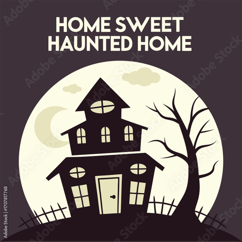 Creepy haunted house stands silhouetted before a full moon, near a spooky tree
