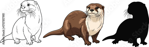 Otter in line art, full color, and silhouette styles