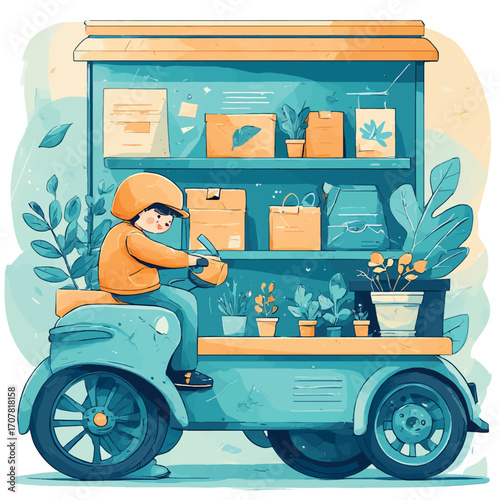 Delivery Person with Cargo on a Scooter An Artistic Illustration of Efficient Transport and Logistics