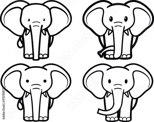 Four Adorable Cartoon Elephant Illustrations in Black and White for Coloring Pages and Childrens Books Design Elements
