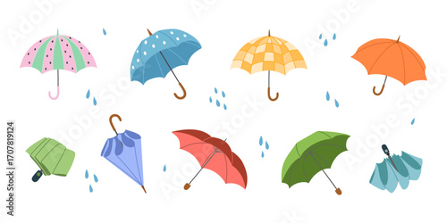 Set of cute colorful umbrellas with raindrops, in playful flat vector style. Perfect for spring or autumn themes, rainy weather decor, childrens illustrations, seasonal graphics, and greeting cards