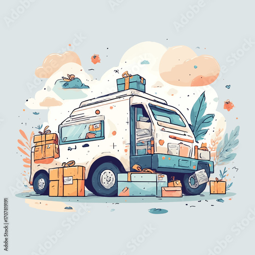 Delivery Van Illustration  Gifts and Packages on a Journey