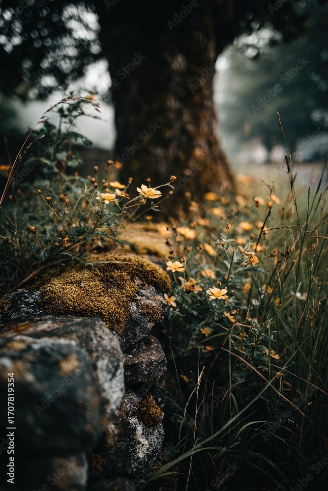 Obraz premium Pale yellow flowers near a mossy stone wall