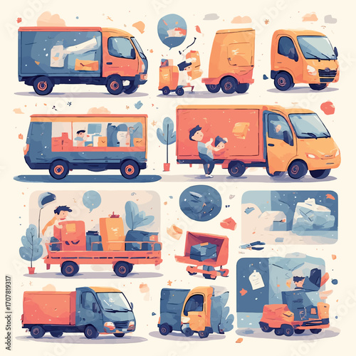 Collection of Delivery Trucks and Boxes in Various Styles for Moving and Transportation Services