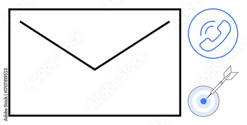 Envelope, ringing phone, and bullseye highlight themes of messaging, connection, outreach, marketing, organization, goals and communication strategy. Ideal for business or personal mail concepts