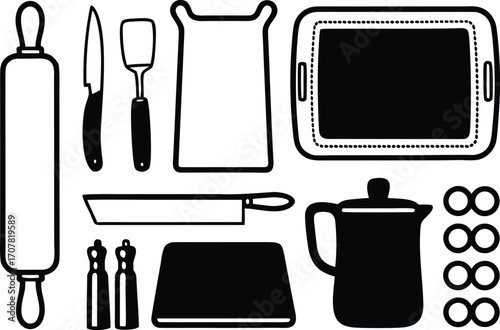 Kitchen Utensil Illustration Set in Black and White for Cooking and Baking Projects A Culinary Collection