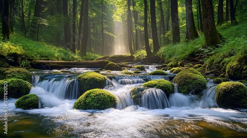 Serene and Peaceful Forest Stream Gently Cascading Over Moss-Covered Stones in Lush Greenery