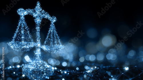 Digital representation of a balance scale composed of glowing particles and connected nodes, symbolizing justice in a technological context