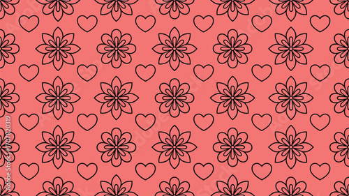 A repeating pattern of black outlined flowers and hearts on a peach colored background, evenly spaced