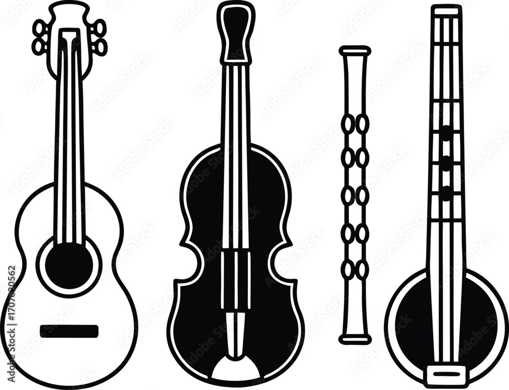 Fototapeta premium Musical Instruments Line Art Collection Featuring Guitar Violin Flute and Sitar Simple Vector Graphic Depicting Music Instruments