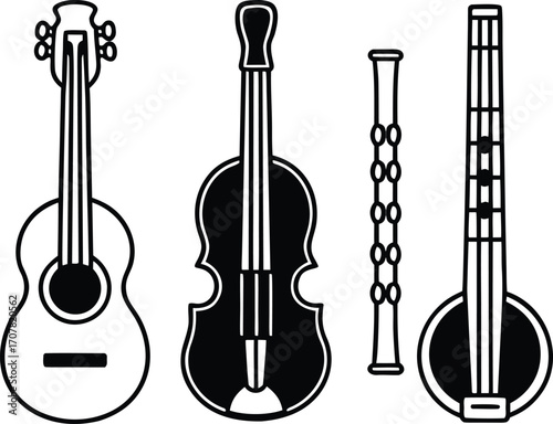 Musical Instruments Line Art Collection Featuring Guitar Violin Flute and Sitar Simple Vector Graphic Depicting Music Instruments