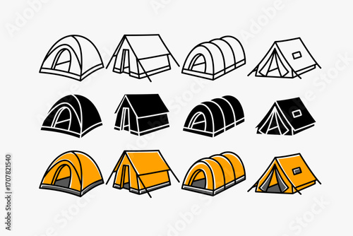Tent, Camping shelter, Outdoor canopy, Expedition tent, Dome shelter icons set in outline, silhouette and colorful style for adventure, hiking, mountaineering and travel. Vector Illustration