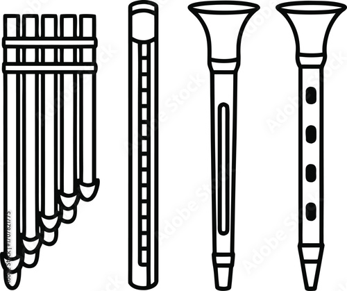 Set of wind musical instruments pan flute flute and oboe in black and white simple outline vector design