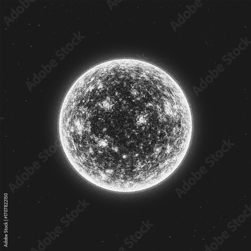 Realistic dotwork vector illustration of the Sun or other star with sunspots, created in black and white stippling style.Graphic artwork for printing