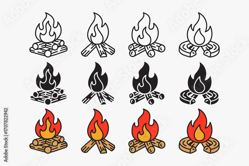 Campfire, Bonfire, Firewood flame, Keyhole fire, Wood fire icons set in outline, silhouette and colorful style for adventure, outdoor, hiking, survival, and travel. Vector Illustration