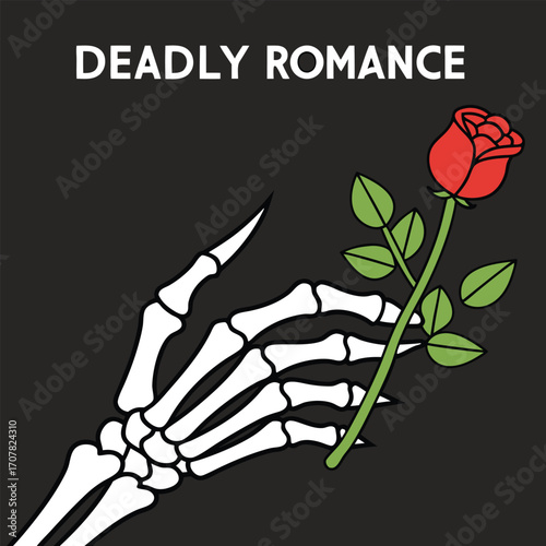 A skeletal hand with bony fingers holds a vibrant red rose on a black background