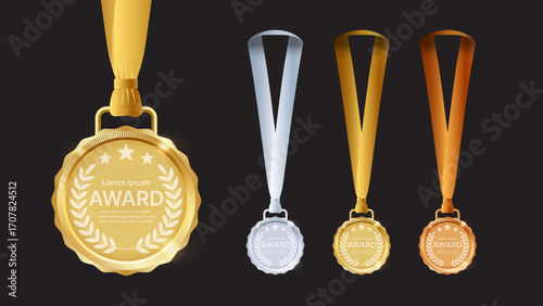 Gold, Silver, and Bronze Award Medals – Realistic 3D Vector Medals Hanging on Ribbon, Symbol of Success and Victory
