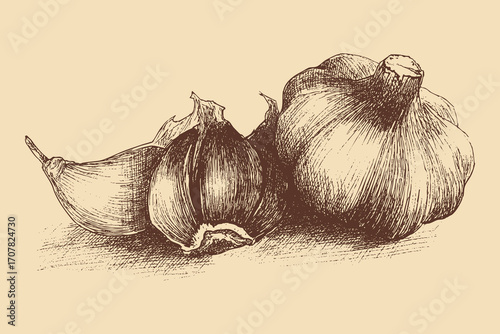 Garlic illustration in a vintage style. This vector illustration can be used in any size you like for advertising, logos, and other work.