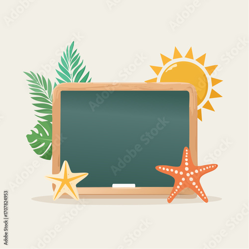 Summer Beach Blackboard With Starfish And Tropical Leaves Sunny Day Scene