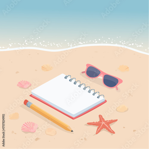 Summer vacation concept with a blank spiral notebook, pencil, and sunglasses on a sandy tropical shore