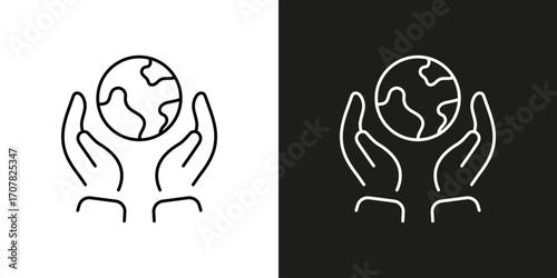 Hands holding the Earth globe - vector ecology and environment care symbol. Editable stroke icon.