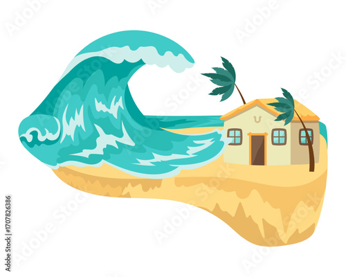 Huge Tsunami wave under the tropical house. Tsunami vector illustration.