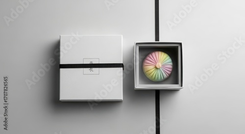 A beautifully crafted, colorful japanese wagashi sweet presented in an open gift box next to a closed white box