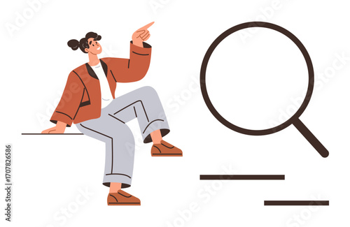 A woman sits casually, pointing upward beside a large magnifying glass and text lines. Ideal for research, exploration, analysis, focus, learning, direction curiosity themes. Simple flat metaphor