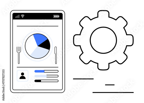 Smartphone interface with pie chart, profile stats, and horizontal bars beside gear object. Ideal for data analysis, user management, customization, analytics, system optimization, technology