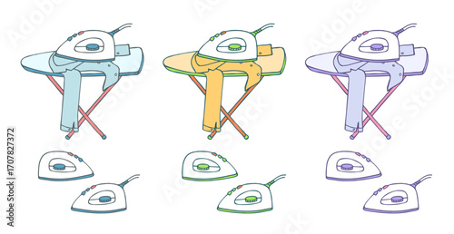 Hand drawn multi-colored electric iron and ironing board isolated on white background.  Ironing clothes, drawing doodle sketch. Vector clipart for household appliance or domestic chores illustration.