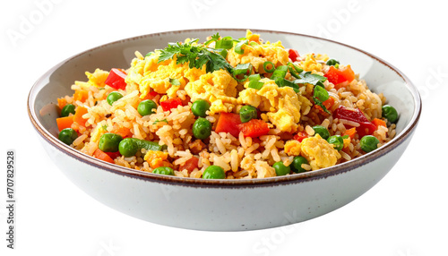 Tasty Fried Rice with Veggies and Scrambled Eggs on Clear Background
