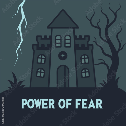 Spooky castle silhouette stands eerily near a gnarled tree as lightning flashes at night