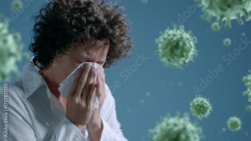 A sick woman with curly hair sneezes into a tissue while surrounded by floating virus particles, illustrating the concept of respiratory illness, infection, and public health