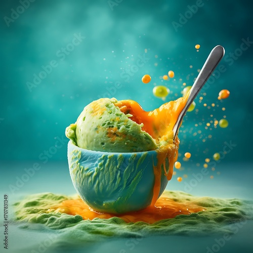 Green Ice Cream Bowl Mockup with Orange and Matcha Splash