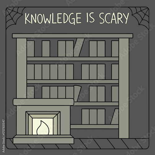 Bookshelf filled with books accompanies a fireplace having a spiderweb on top with dark background