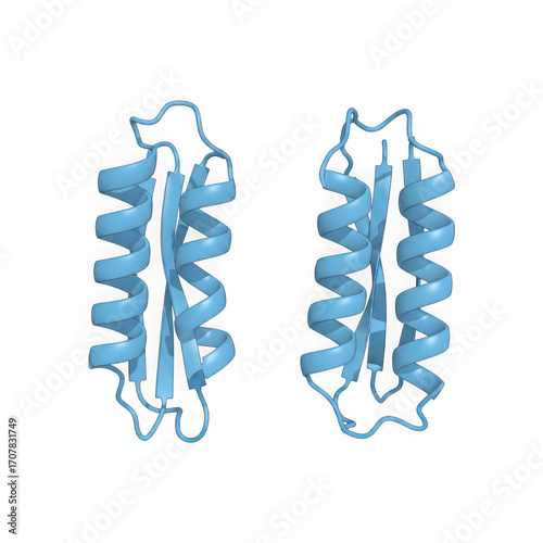 Two abstract 3d representations of protein structures with helical coils, isolated on transparent background
