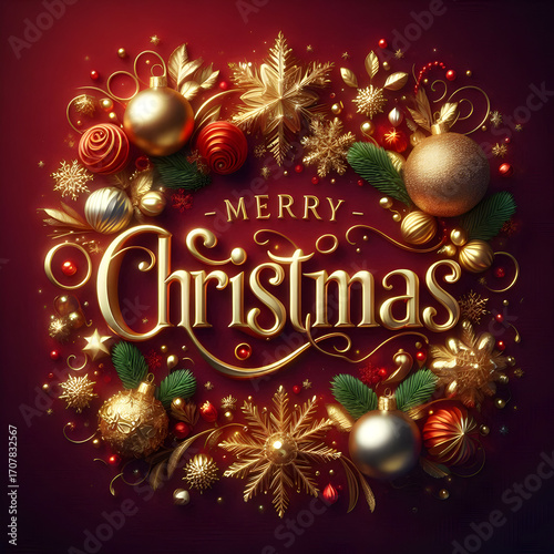Festive Christmas Adornment: A radiant Merry Christmas message, elegantly crafted with gleaming gold accents, nestled among an array of detailed holiday ornaments, evoking a sense of seasonal charm.