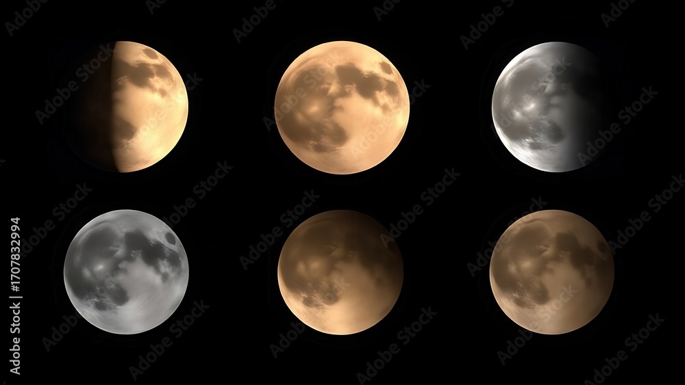 Obraz premium Five moon phases each depicting a unique scientific phenomenon artistically.