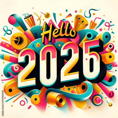 Hello 2025: a vibrant and visually captivating typographic design celebrating the new year with a burst of energetic and colorful celebratory elements. 
