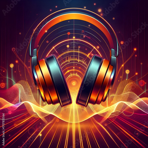 Immersive Audio: A visually stunning digital rendering of headphones, surrounded by radiant sound waves and a vibrant, energy-filled background, capturing the essence of sound.