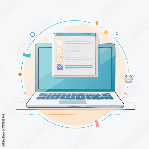 Laptop Computer with Checklist on Screen in Blue and White