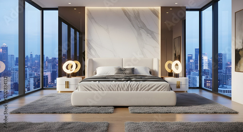 Luxurious modern bedroom with a stunning city view at dusk, featuring a king-size bed, marble accent wall, and contemporary lighting.