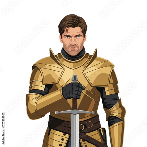 Brave knight stands ready for battle in shining golden armor, holding his sword with determination and courage on a white isolated backdrop.