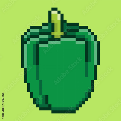 Green bell pepper or paprika designed in a classic retro pixel art style. This 8-bit of a crisp capsicum is a perfect symbol for healthy eating, fresh produce, and cooking ingredients