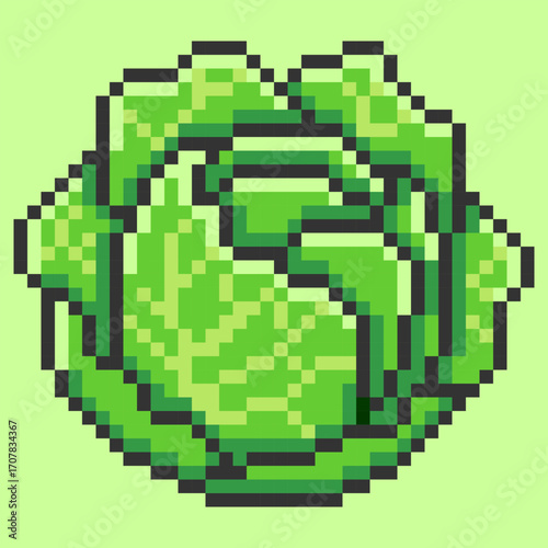 Head of cabbage icon designed in a charming retro pixel art style. This 8-bit illustration of a fresh, leafy vegetable is a perfect symbol for healthy eating, farming, and organic food