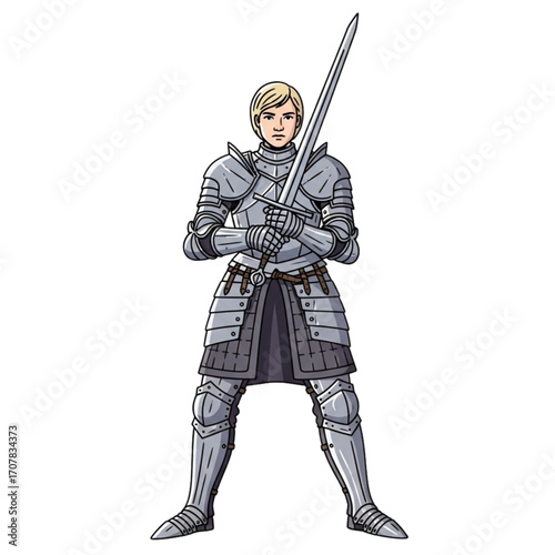 Female knight stands in full plate armor holding a sword with both hands ready for battle, embodying strength and determination on a white background.